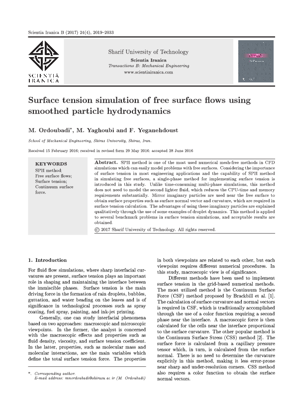 (PDF) Surface tension simulation of free surface flows using smoothed ...