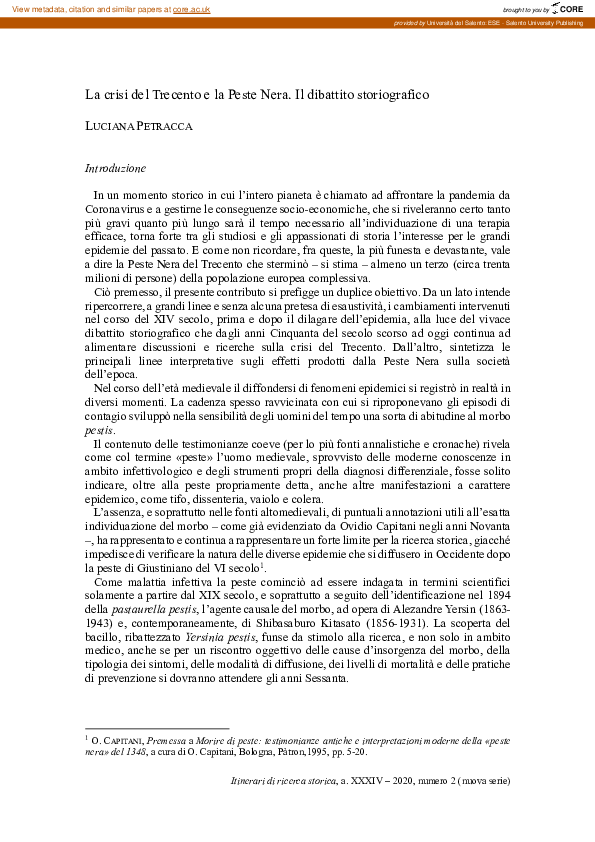 La crisi del Trecento e la Peste Nera. Il dibattito storiografico