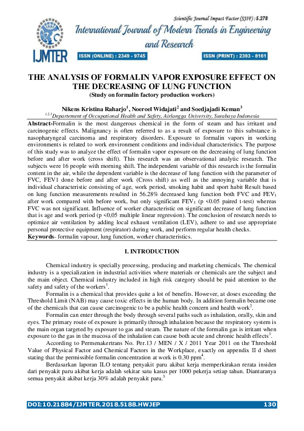 (PDF) The Analysis of Formalin Vapor Exposure Effect on the Decreasing ...