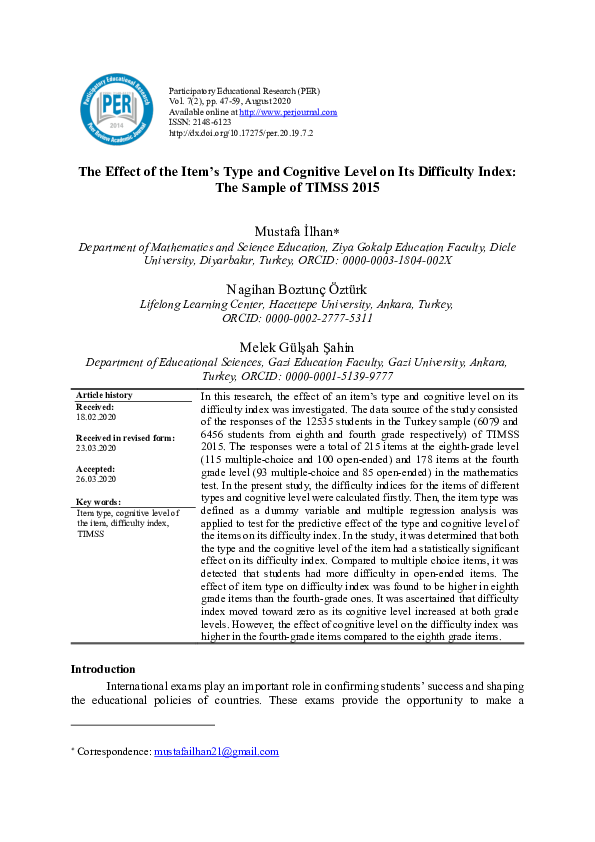 (PDF) The Effect of the Item’s Type and Cognitive Level on Its ...