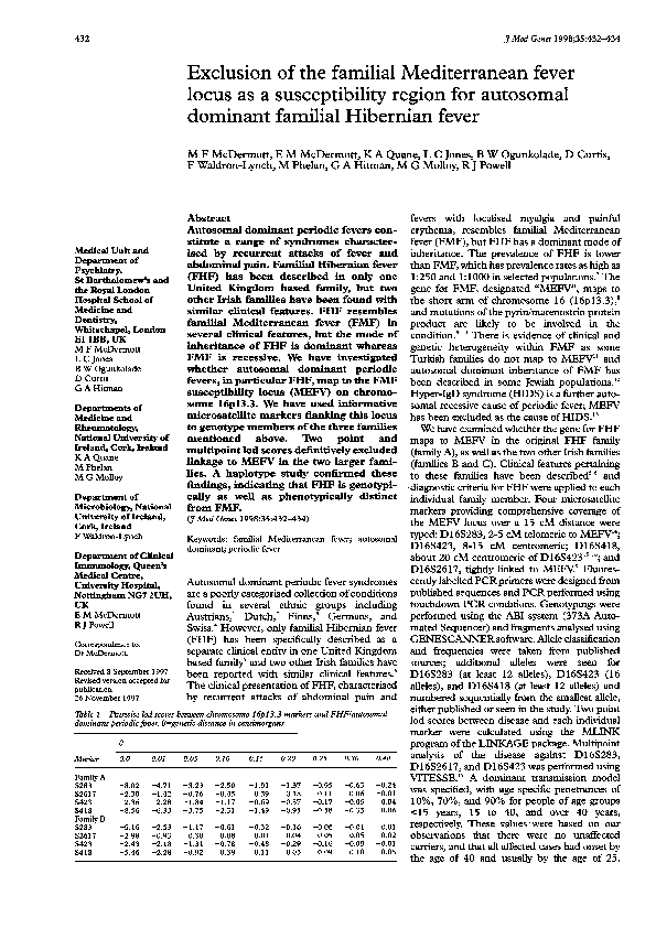 (PDF) Exclusion of the familial Mediterranean fever locus as a ...