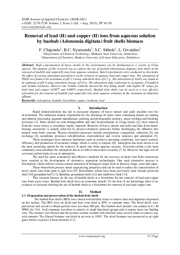 (PDF) Removal of lead (II) and copper (II) ions from aqueous solution ...