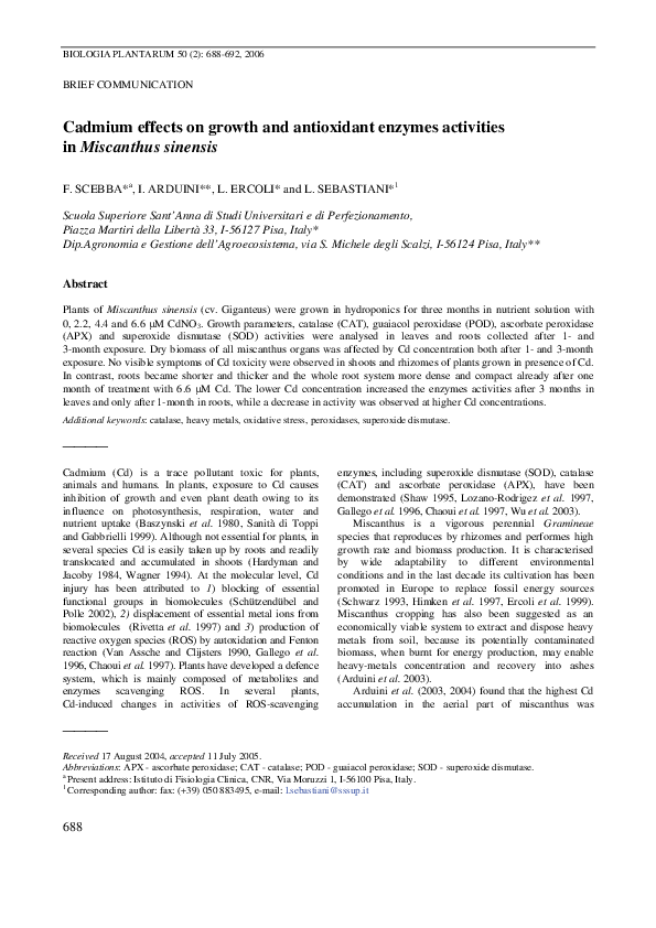 (PDF) Cadmium effects on growth and antioxidant enzymes activities in ...