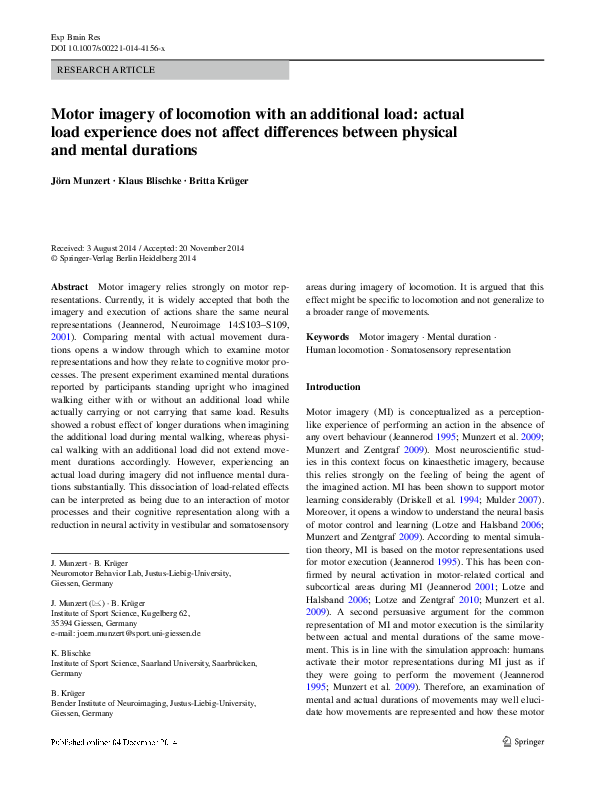 (PDF) Motor imagery of locomotion with an additional load: Active and ...