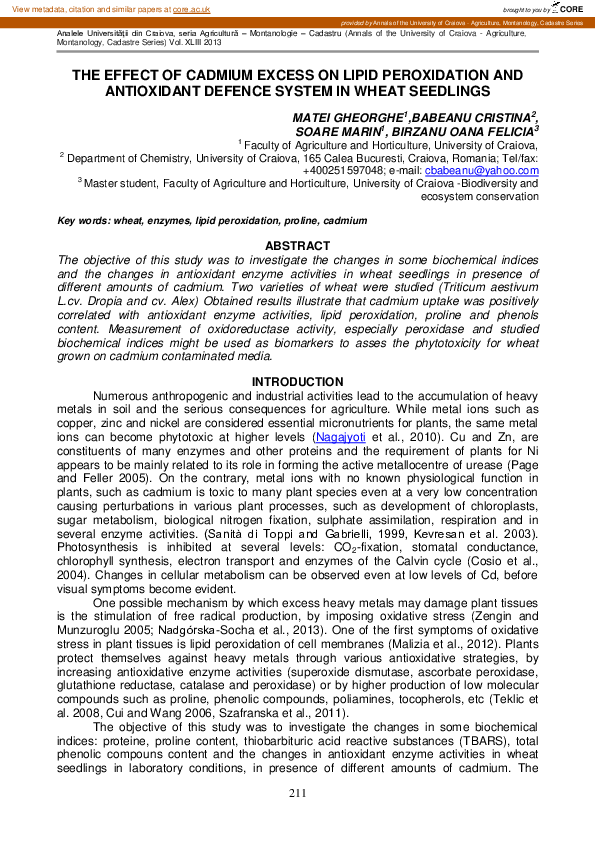 (PDF) The Effect of Cadmium Excess on Lipid Peroxidation and ...