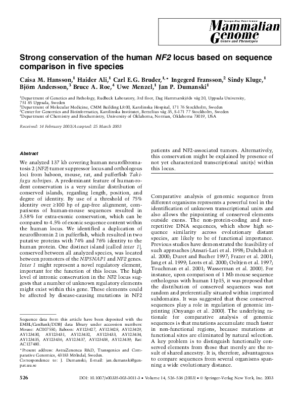 (PDF) Strong conservation of the human NF2 locus based on sequence ...