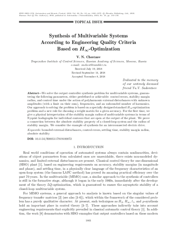 (PDF) Synthesis of Multivariable Systems According to Engineering ...