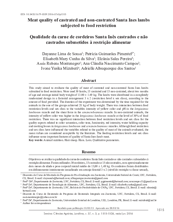 (PDF) Meat quality of castrated and non-castrated Santa Ines lambs ...