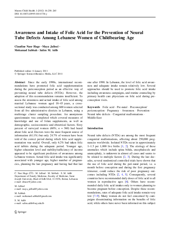(PDF) Awareness and Intake of Folic Acid for the Prevention of Neural ...