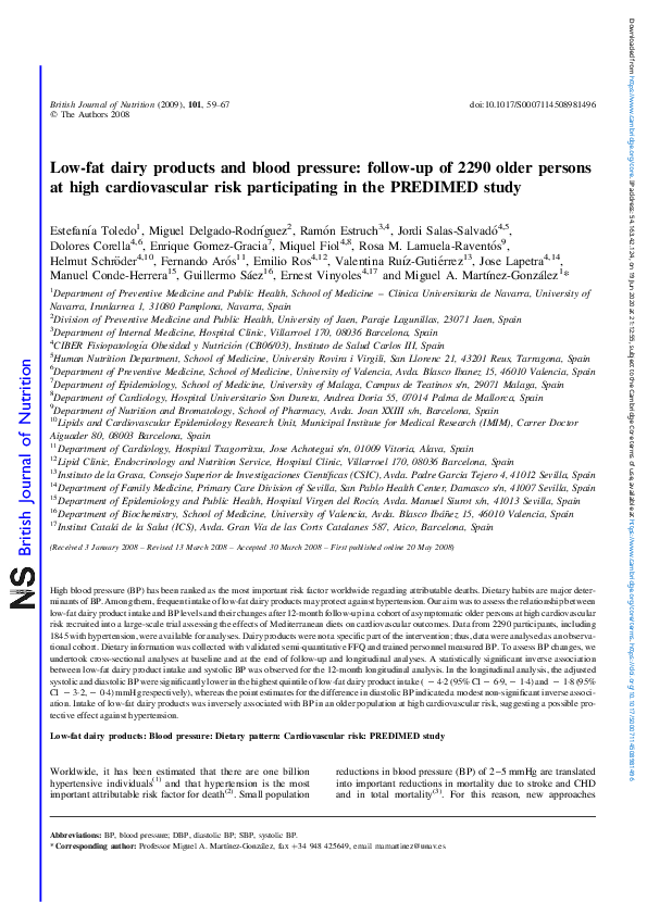 (PDF) Low-fat dairy products and blood pressure: follow-up of 2290 ...