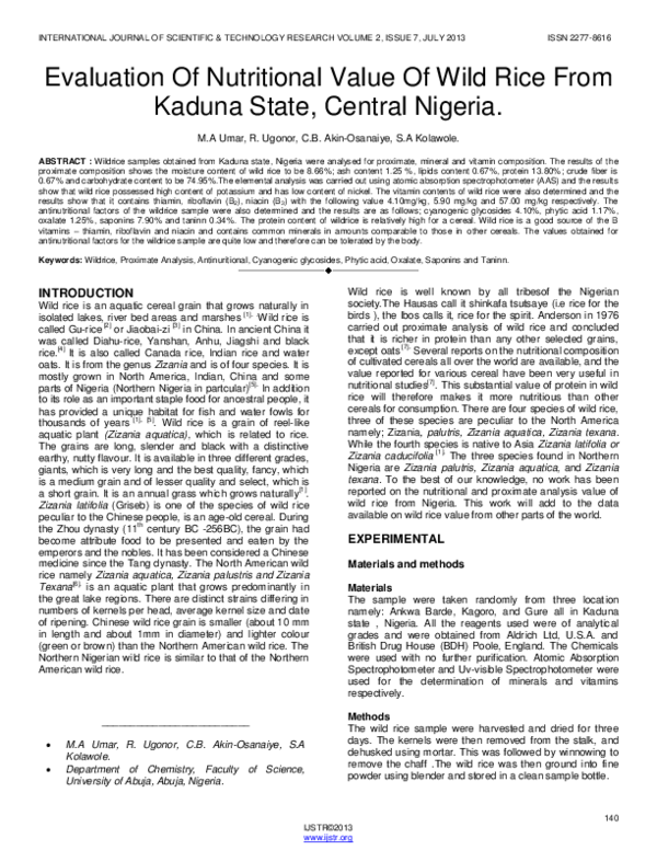 (PDF) Evaluation Of Nutritional Value Of Wild Rice From Kaduna State ...