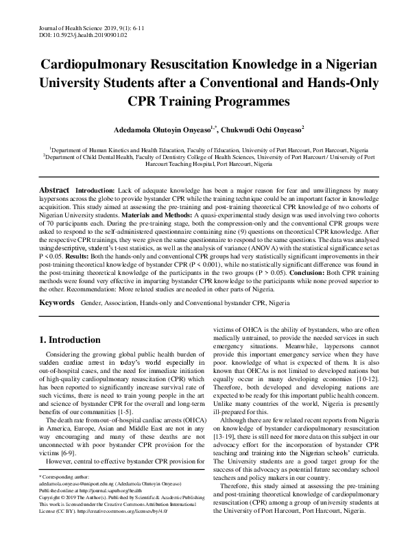 (PDF) Cardiopulmonary Resuscitation Knowledge in a Nigerian University ...