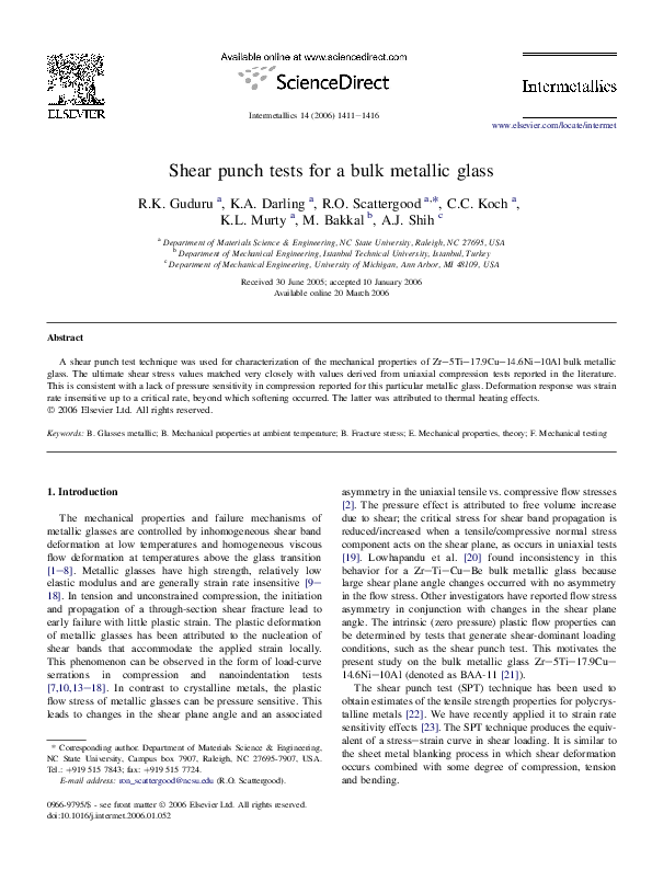 (PDF) Shear punch tests for a bulk metallic glass