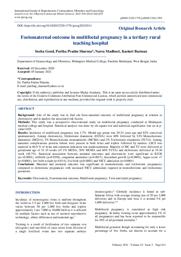 (PDF) Foetomaternal outcome in multifoetal pregnancy in a tertiary ...