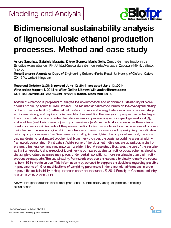 (PDF) Bidimensional sustainability analysis of lignocellulosic ethanol ...