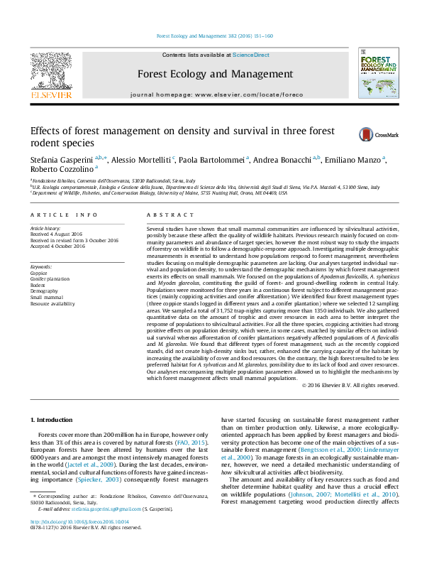 (PDF) Effects of forest management on density and survival in three ...