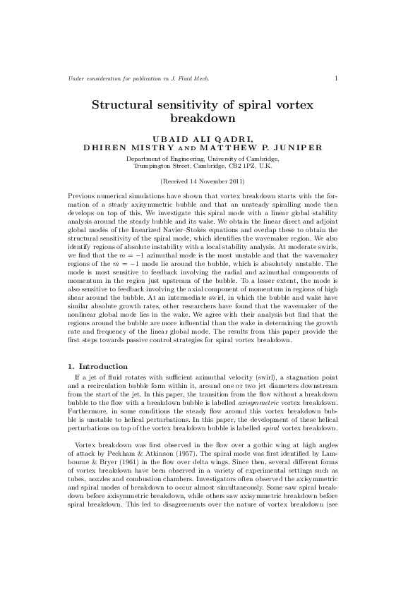 Pdf Structural Sensitivity Of Spiral Vortex Breakdown