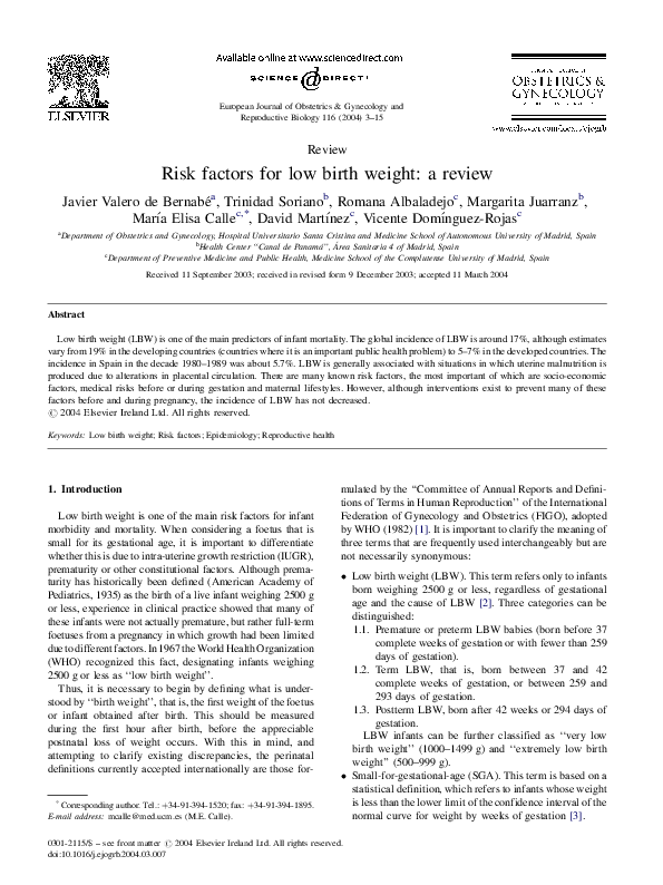 (PDF) Risk factors for low birth weight: a review