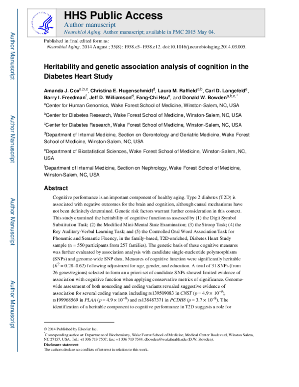 (PDF) Heritability and genetic association analysis of cognition in the ...