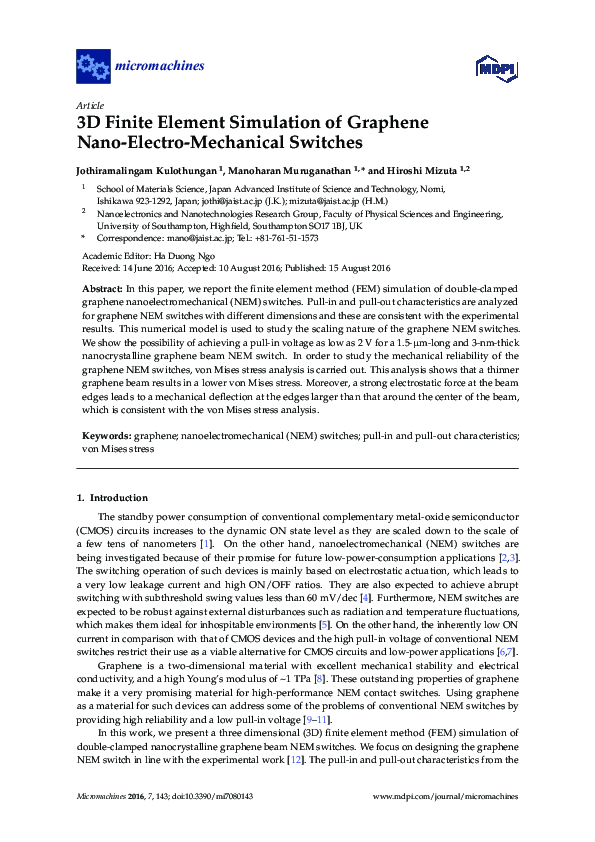 (PDF) 3D Finite Element Simulation of Graphene Nano-Electro-Mechanical ...