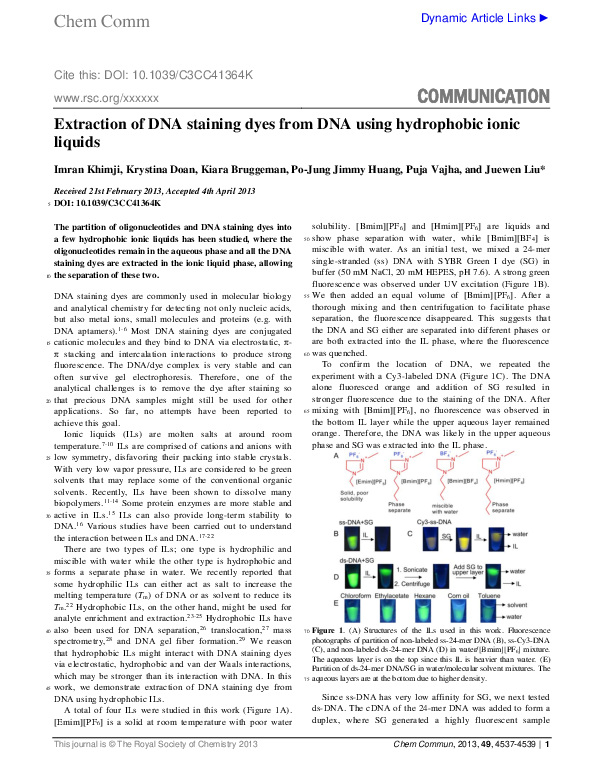 (PDF) Extraction of DNA staining dyes from DNA using hydrophobic ionic ...