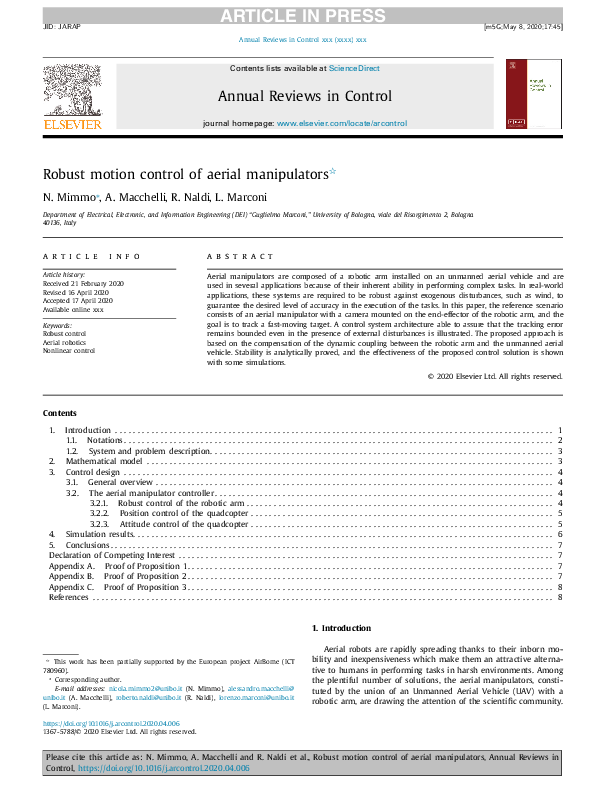 (PDF) Robust motion control of aerial manipulators