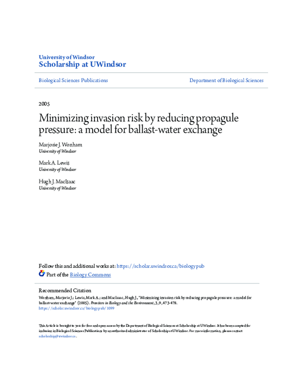 (PDF) Minimizing invasion risk by reducing propagule pressure: a model ...