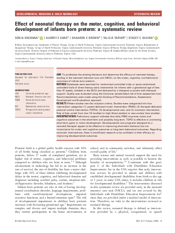 (PDF) Effect of neonatal therapy on the motor, cognitive, and ...