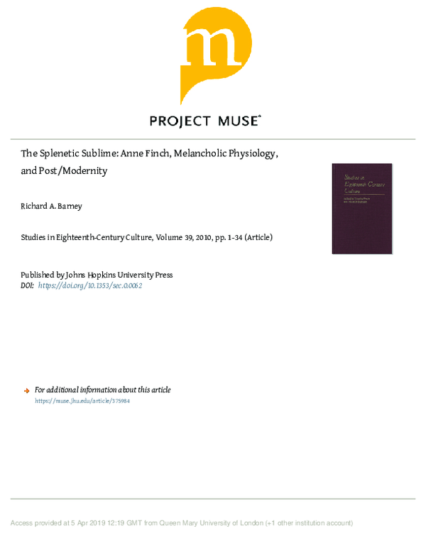 (PDF) The Splenetic Sublime: Anne Finch, Melancholic Physiology, and ...