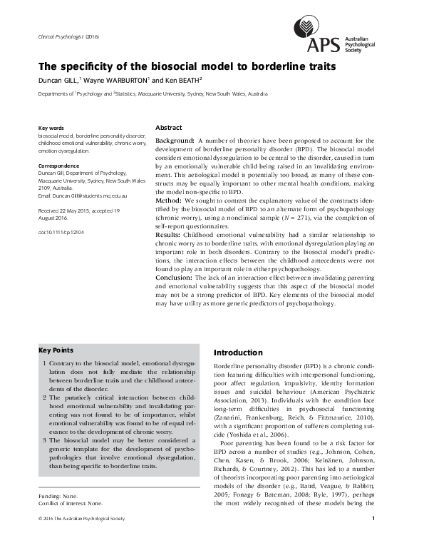 (PDF) The specificity of the biosocial model to borderline traits