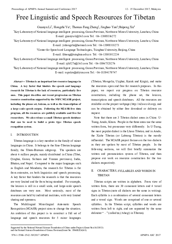 (PDF) Free linguistic and speech resources for Tibetan