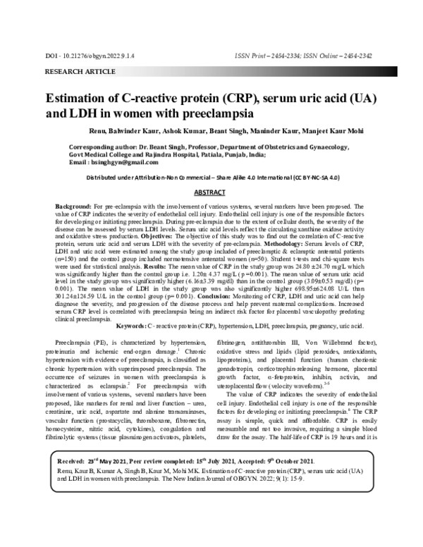 (PDF) Estimation of C-reactive protein (CRP), serum uric acid (UA) and ...