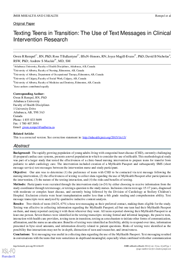 (PDF) Texting Teens in Transition: The Use of Text Messages in Clinical ...