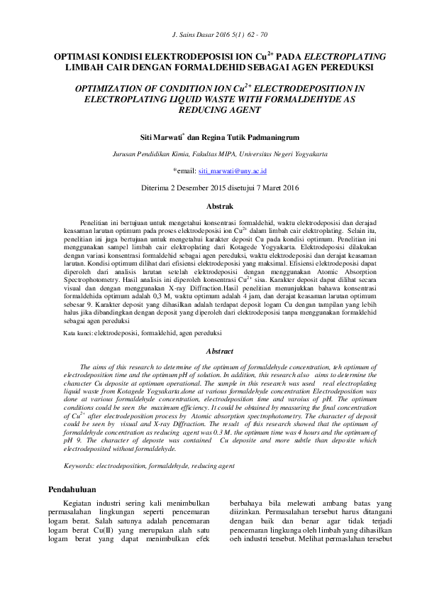 (PDF) OPTIMIZATION OF CONDITION ION Cu2+ ELECTRODEPOSITION IN ...