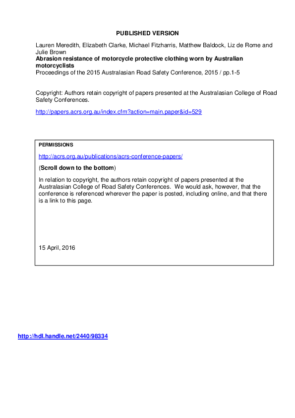 (PDF) Abrasion resistance of motorcycle protective clothing worn by