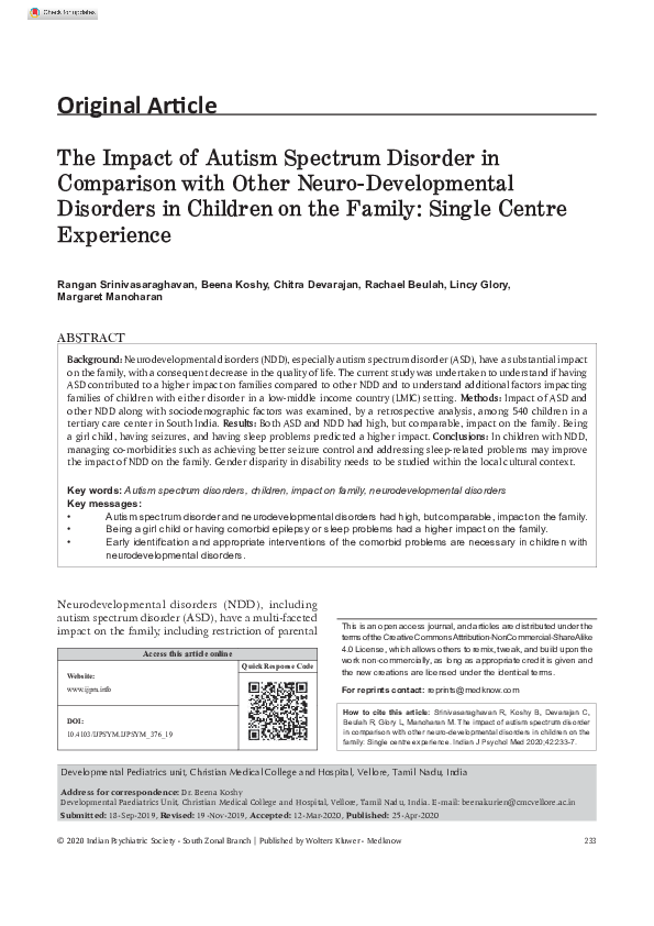 (PDF) The impact of autism spectrum disorder in comparison with other ...