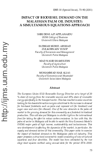 (PDF) Impact of Biodiesel Demand on the Malaysian Palm Oil Industry: A ...