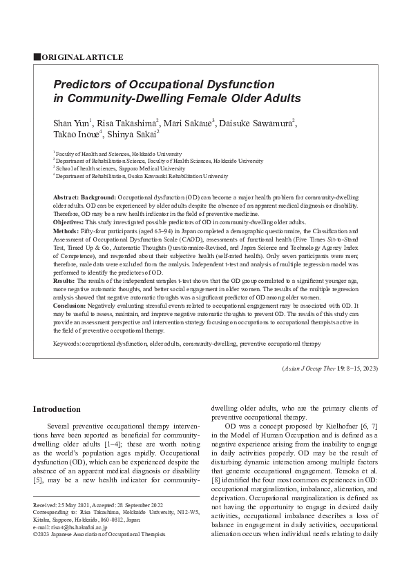 (PDF) Predictors of Occupational Dysfunction in Community-Dwelling ...