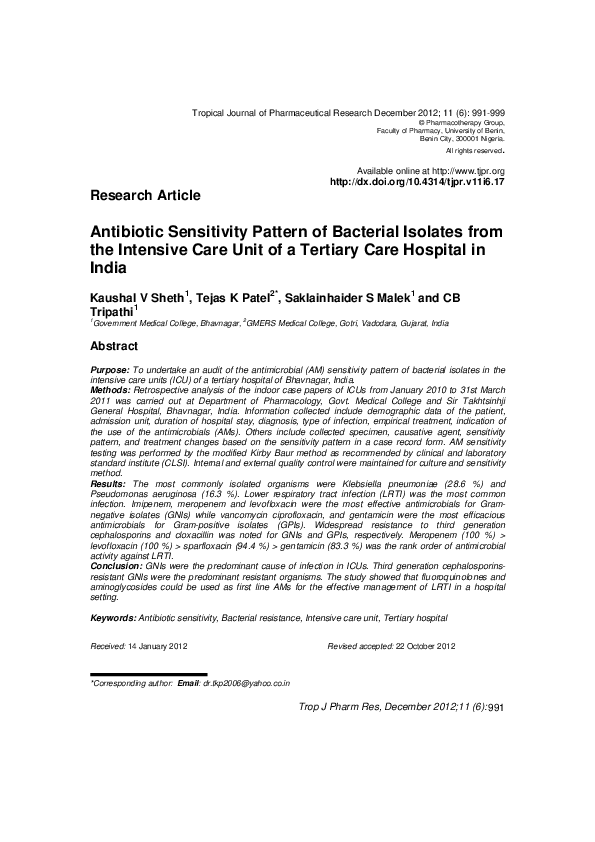 (PDF) Antibiotic Sensitivity Pattern of Bacterial Isolates from the ...