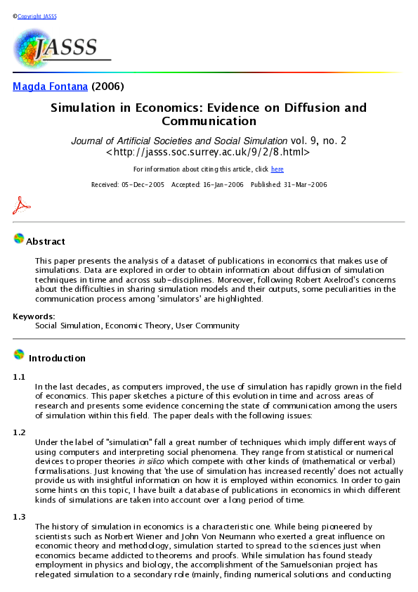 (PDF) Simulation in Economics: Evidence on Diffusion and Communication