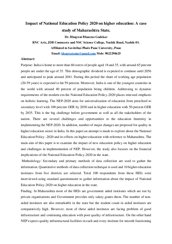 (PDF) Impact of National Education Policy 2020 on higher education: A ...