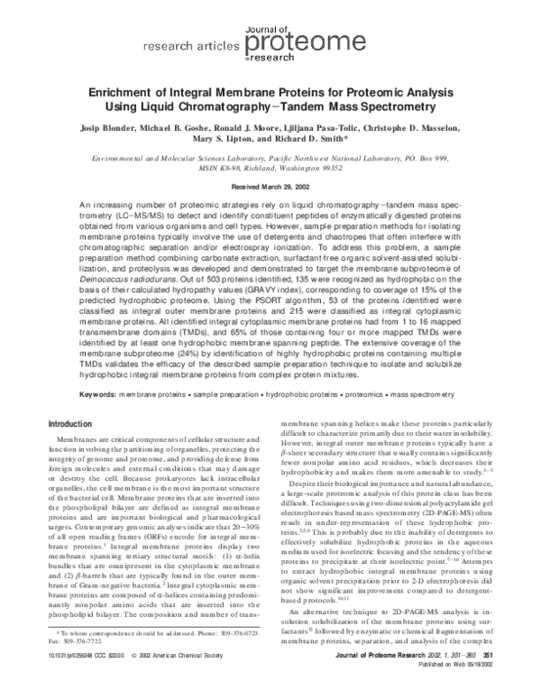 (PDF) Enrichment of Integral Membrane Proteins for Proteomic Analysis ...
