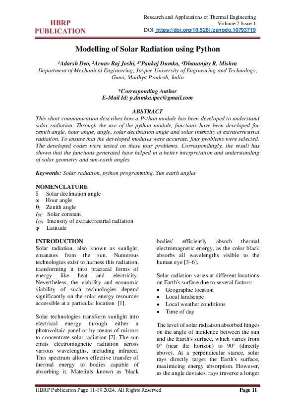 (PDF) Modelling of Solar Radiation using Python