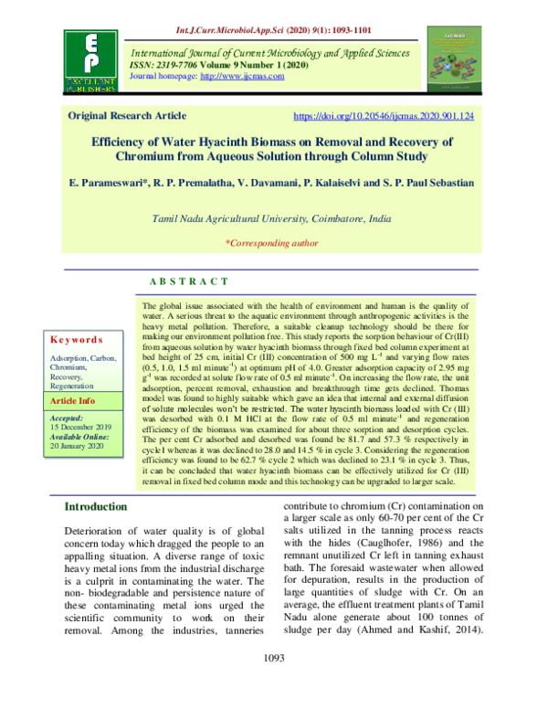 (PDF) Efficiency of Water Hyacinth Biomass on Removal and Recovery of ...