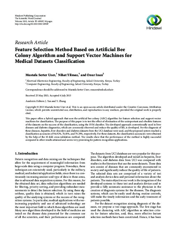(PDF) Feature Selection Method Based on Artificial Bee Colony Algorithm ...