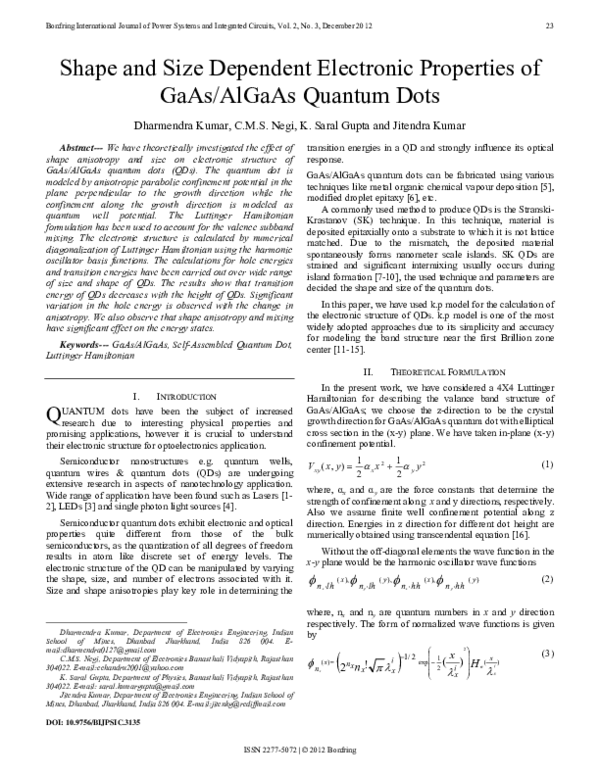 (PDF) Shape and size dependent electronic properties of GaAs/AlGaAs QDs