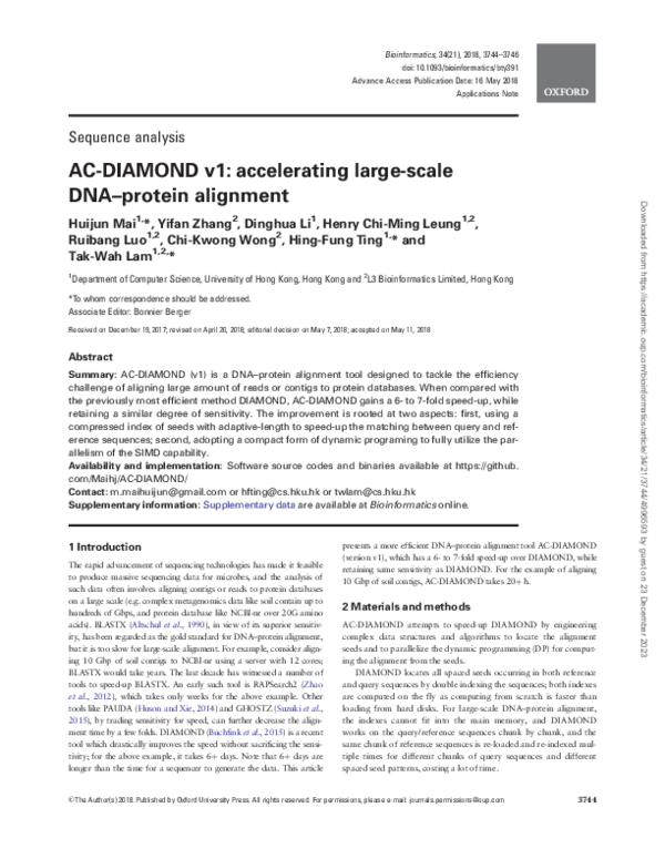 (PDF) AC-DIAMOND v1: accelerating large-scale DNA–protein alignment
