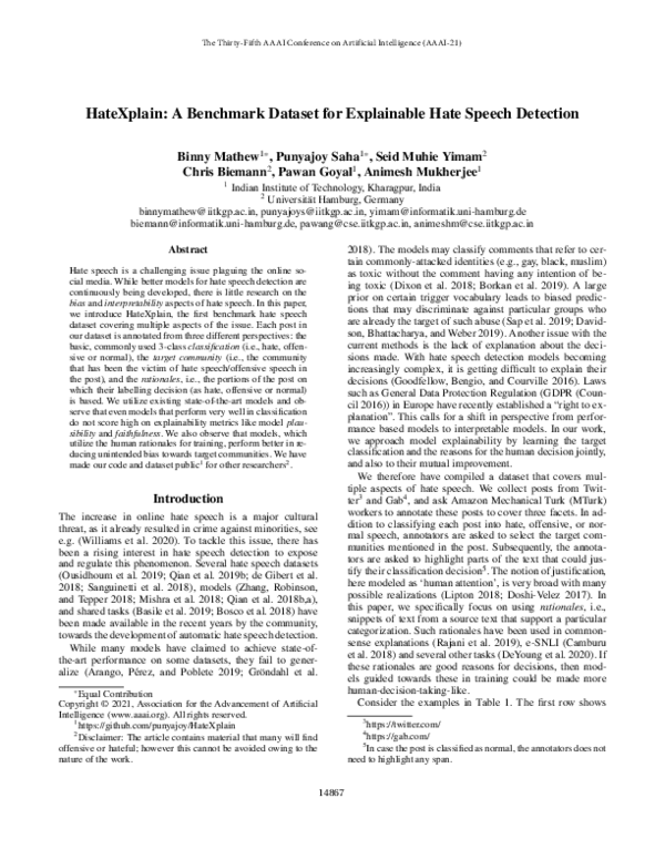 (PDF) HateXplain: A Benchmark Dataset for Explainable Hate Speech Detection