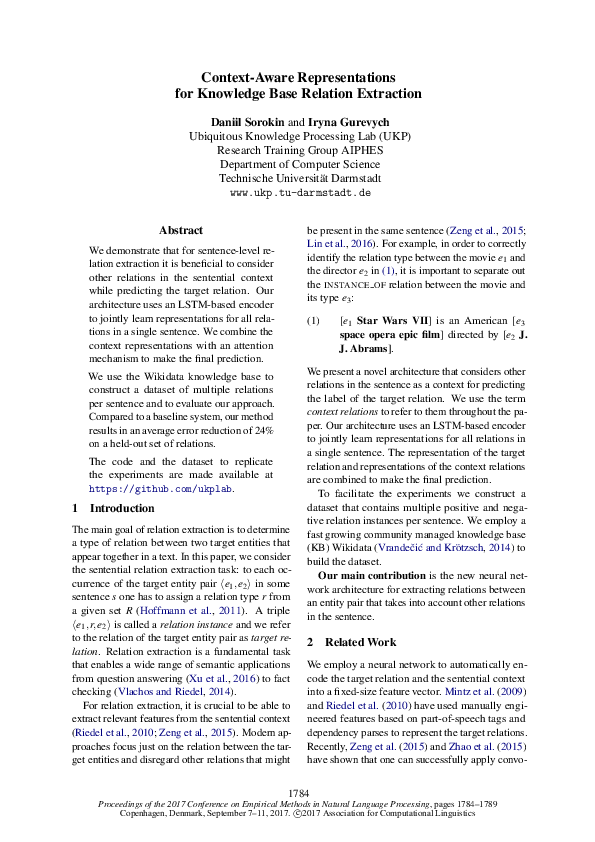 (PDF) Context-Aware Representations for Knowledge Base Relation Extraction