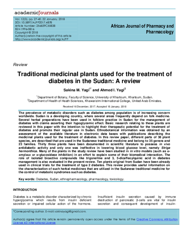 (PDF) Traditional medicinal plants used for the treatment of diabetes ...